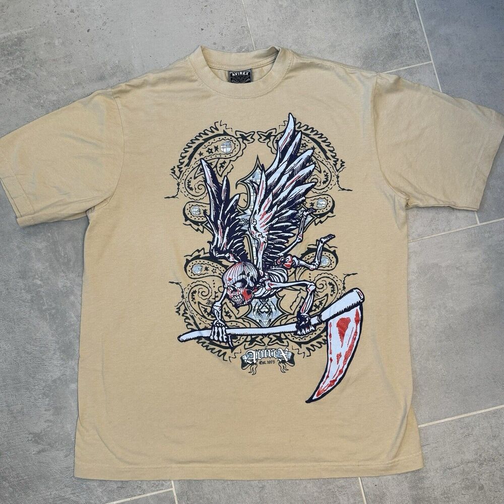 Vintage Y2K Avirex Shirt Mens L Metallic Wings ￼Grunge Goth Skull